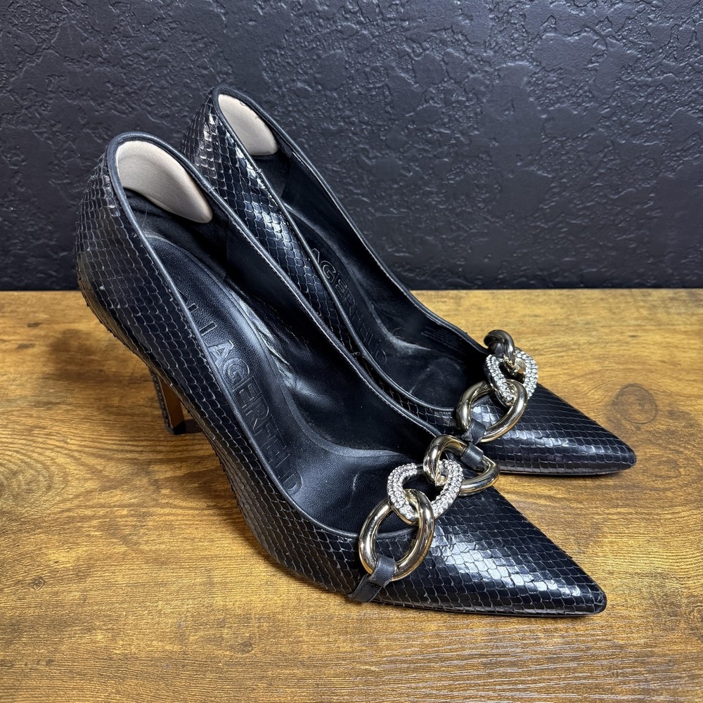 Karl Lagerfeld Cathry G22 Black Snake Embossed Leather‎ Pump Womens 10M